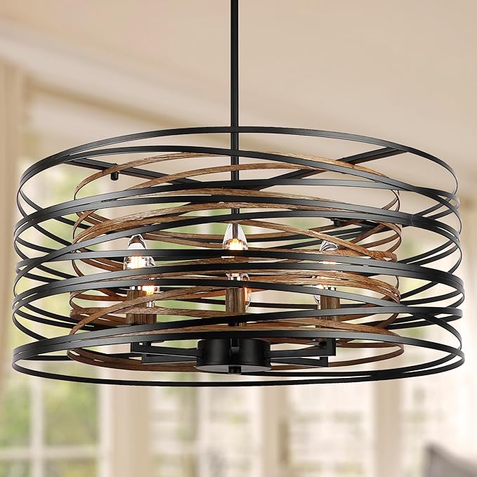 23.6'' Rustic Large Drum Chandeliers for Dining Room, 6-Light Modern Farmhouse Lighting for Kitchen Island, Retro Round Entryway Light Fixture, Black with Retro Wood Texture Interior