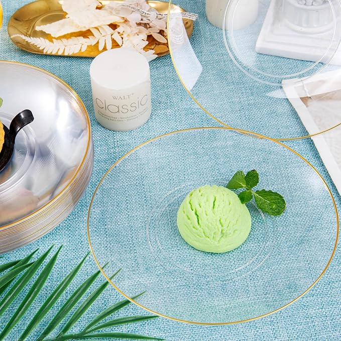 Nervure 100Pieces Clear and Gold Rim Plastic Plates - 7.5inch Disposabl Salad Dessert Plate - Clear and Gold Party Plates Ideal for Wedding & Party & Thanksgiving