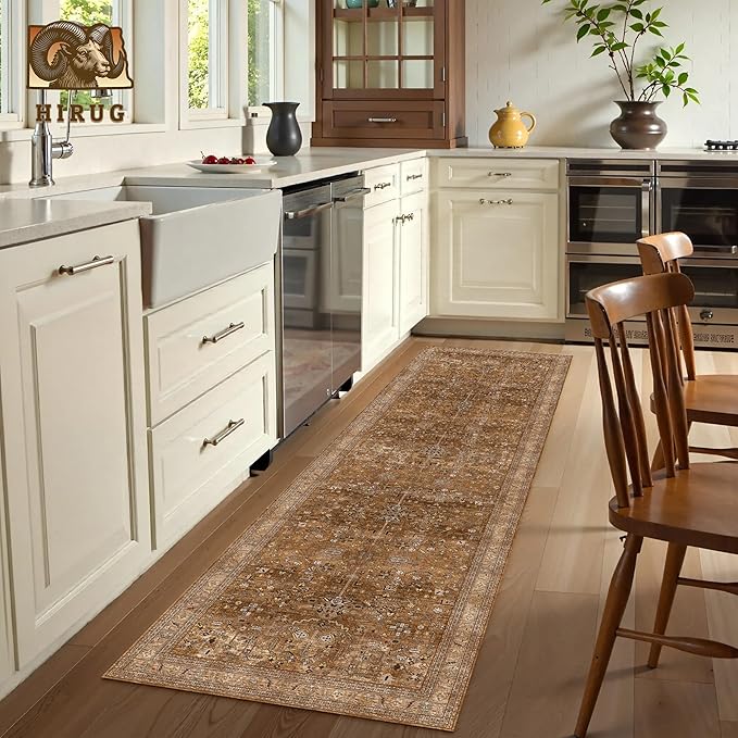 Washable Area Rug 2'6'' x 8' Vintage Traditional Persian Mat - Foldable Distressed Non-Slip Machine Washable Carpet for Living Room Bedroom Kitchen Home Decor - Bronze and Ivory