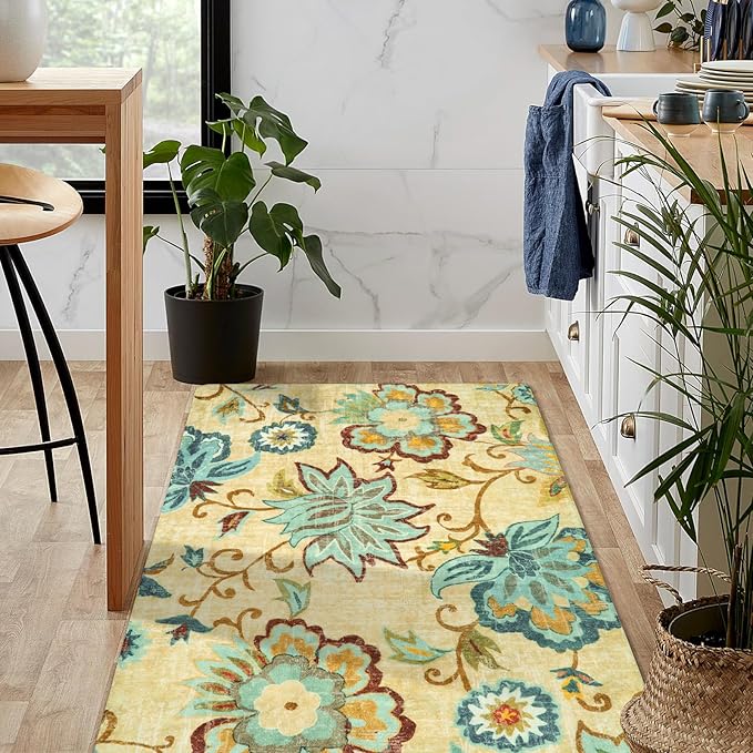 Lahome Floral Living Room Rug - 3x5 Area Rugs for Bedroom Machine Washable Non-Slip Throw Kitchen Entryway Rug Soft Beige Paisley Print Distressed Capet for Office Laundry Room Dining Room Bathroom