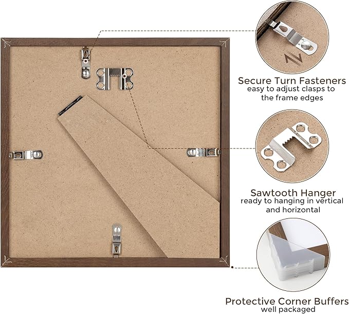 Rustic Wood 8x8 Picture Frame, Solid Oak Wood Frame 8 by 8, 8 x 8 Square Photo Frame with Tempered Real Glass, 8"x8" Picture Frame Matted to 4"x4", Squre Wood Picture Frames, Walnut Color, Set of 2