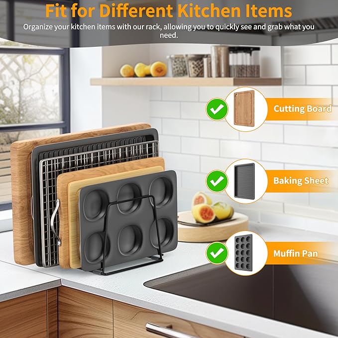 Cutting Board Organizer Kitchen Organizer Rack for Cutting Board, Bakeware, and Cookie Sheet, 5-Slot Heavy-Duty Steel Cookware Holder,Rust-Resistant with Anti-Slip Feet (1, Large)