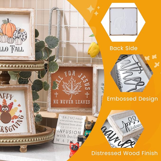 Embossed Pumpkin Sign, Farmhouse Autumn Decorations, Wooden Fall Tiered Tray Decor for Shelf Cubicle Desk Mantel, Rustic Thanksgiving Table Decor