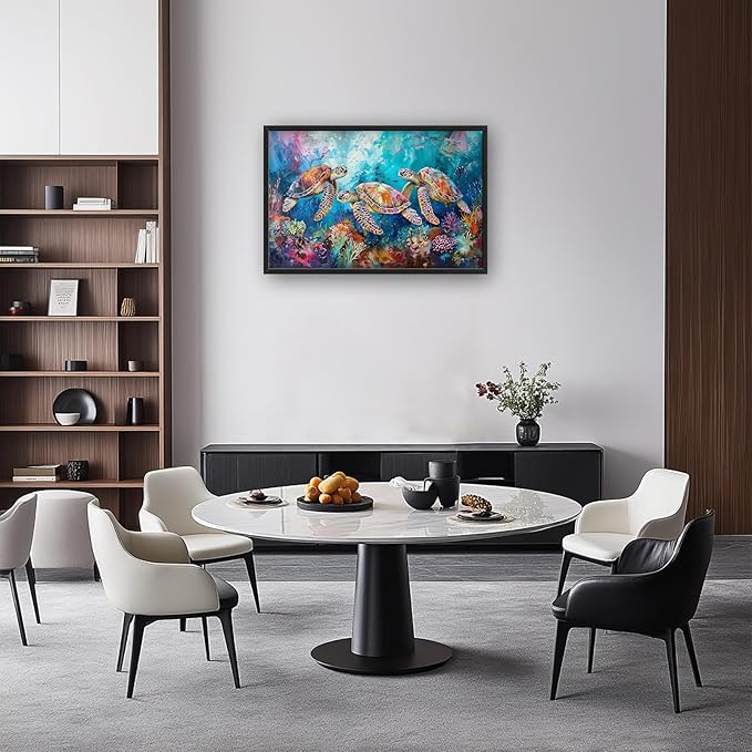 Sea Turtle Large Framed Wall Art Coastal Ocean Nautical Pictures Oversized Colorful Undersea Wall Decor Coral Reef Canvas Print Painting Aesthetic Modern Artwork for Living Room Bedroom Office Bathroom Home Decor 36L"x24W"