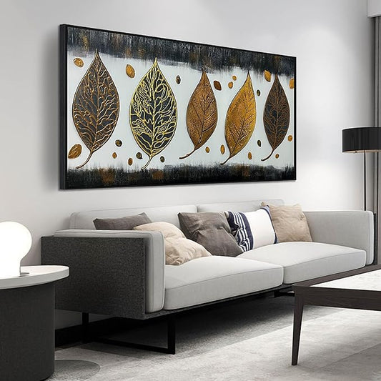 CIRABKY Leaf Hand Painted Wall Art for Living Room - Vintage Canvas Wall Art for Office - Large Picture Black Frames for Wall Size 29" x 59"
