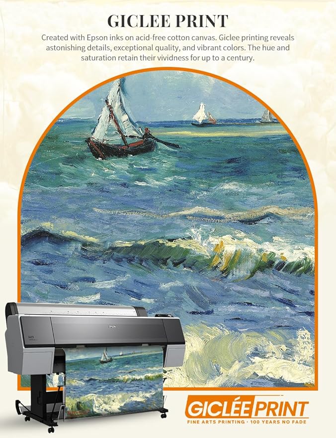 DECORARTS - Vincent van Gogh's The Sea at Les Saintes-Maries, Museum-Quality Giclee Canvas Print in Gold Solid Wood Frame, 34.75 x 28.75 in, Ready to Hang, Made in USA