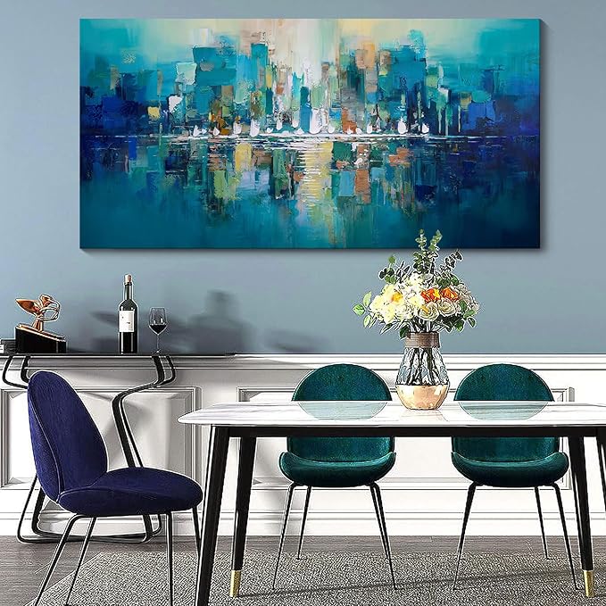 Large Wall Art for Living Room - Abstract Wall Decor Framed Picture Artwork for Wall Decorative Paintings Teal and White Modern Office Bedroom Art