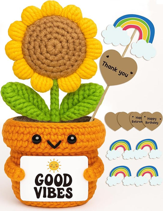 Crochet Sunflower Desk Gift – Good Vibes Affirmation Plush – Positive Energy Decor for Coworker, Teacher, Friend, Employee,– Motivational Pick-Me-Up for Women, Men
