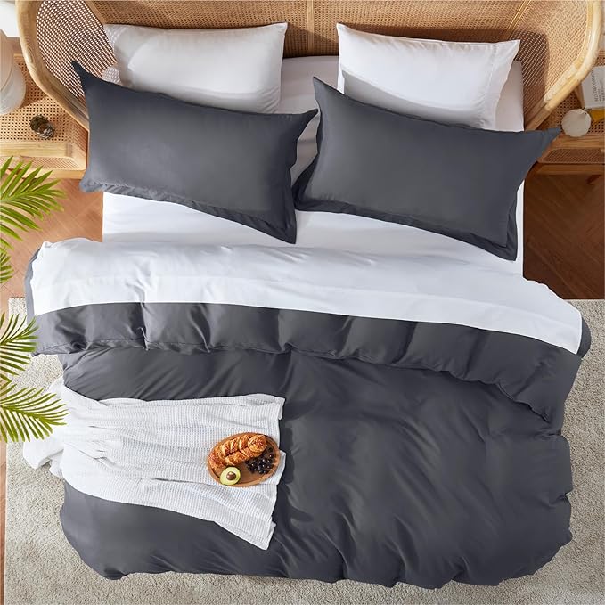 Nestl Queen Duvet Cover Set with Comforter Insert - Dark Grey 4 Piece 90x90 Duvet Cover & 2 Pillow Shams with White Quilted Down Alternative Comforter, Ultra Soft, All Season