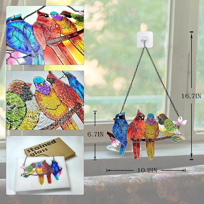 Stained Glass Window Hanging - Birds on A Branch Suncatcher for Window Doors Home Decoration, Valentine's Day Mother's Day Birthday Bird Lover Gifts for Women, Men, and Mom Grandma