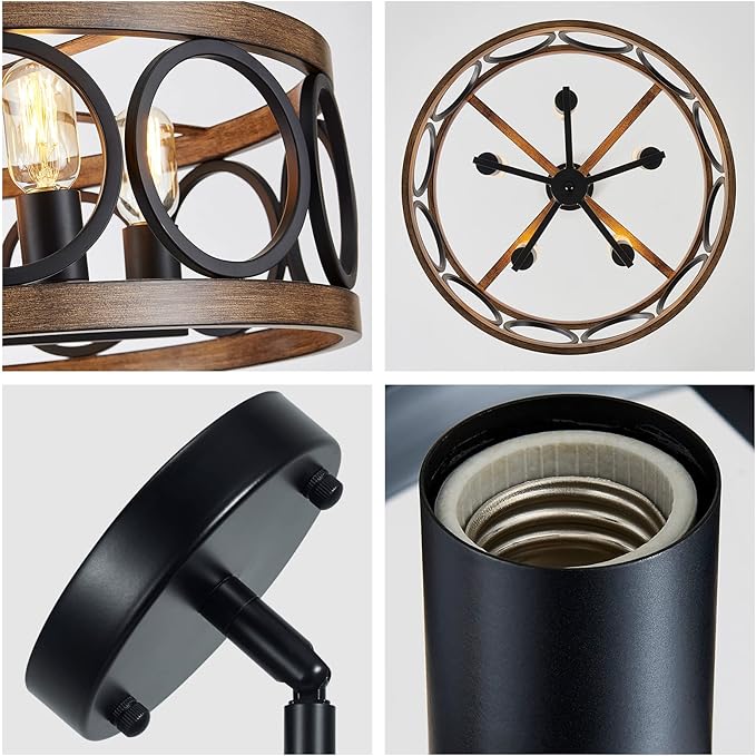 XINGQI Dining Room Chandelier 5-Light Black Modern Chandelier 21.7'' Farmhouse Drum Pendant Light Fixture for Living Room Kitchen Island Bedroom Office with Wood Grain Finish