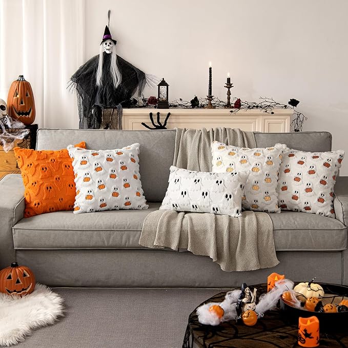MIULEE Halloween Pillow Covers Decorative Fall Cute Ghost Plush Faux Fur Pillows 18x18 Inch Set of 2 Soft Pumpkin Accents for Sofa Couch Bed Living Room Festive Home Decor, White Orange