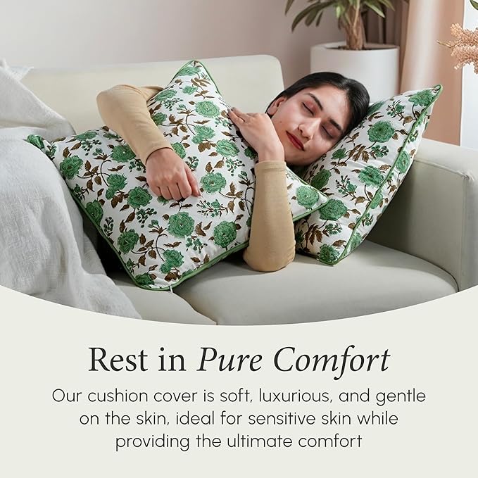 CPC 100% Cotton Throw Pillow Covers 18x18 Inch, Set of 2 Green Block Print Pattern Couch Pillow, Cute Boho Decorative Pillows for Living Room, Bedroom with Hidden Zipper- Moss Green