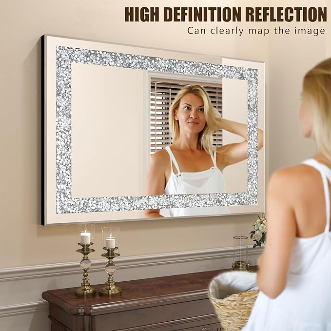 Crystal Decorative Mirror-36 x24 Gorgeous Silver Mirror, Crush Diamond Mirror for Wall Decoration Bedroom, Bathroom, Dining Room and Living Room