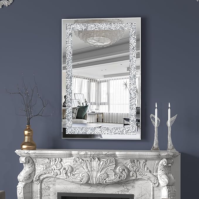Crystal Decorative Mirror-36 x24 Gorgeous Silver Mirror, Crush Diamond Mirror for Wall Decoration Bedroom, Bathroom, Dining Room and Living Room