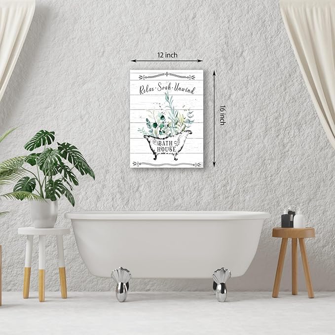 Floral Canvas Wall Art, Flowers Leaves Wall Decor, Rustic Wood Backdrop Bathroom Decor For Vintage Farmhouse Framed Canvas Artwork Ready to Hang 12x16inch