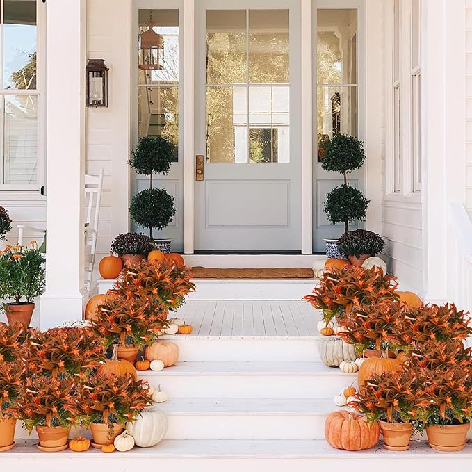 Uieke 12Pcs Artificial Fall Flowers for Outdoors UV Resistant Fake Fall Flowers Plastic Morning Glory Fall Plants Shrubs for Home Outside Window Box Planter Fall Décor (Autumn Red)