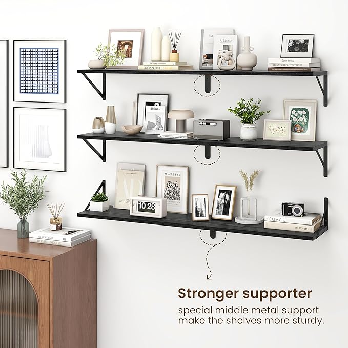 Fun Memories Deep Floating Shelves for Wall, 48W x 8D Wall Mounted Shelves Set of 2, Wide Display Ledge Shelf with Sturdy Metal Brackets for Living Room, Bathroom, Bedroom and Kitchen, Black