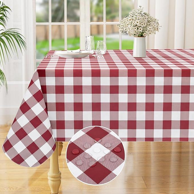 misaya Square Waterproof Vinyl Table Cloth, Buffalo Flannel Backed Tablecloth, Wipeable Plastic Table Cover for Dinner, Kitchen, Outdoor (60" x 60", Burgundy and White)