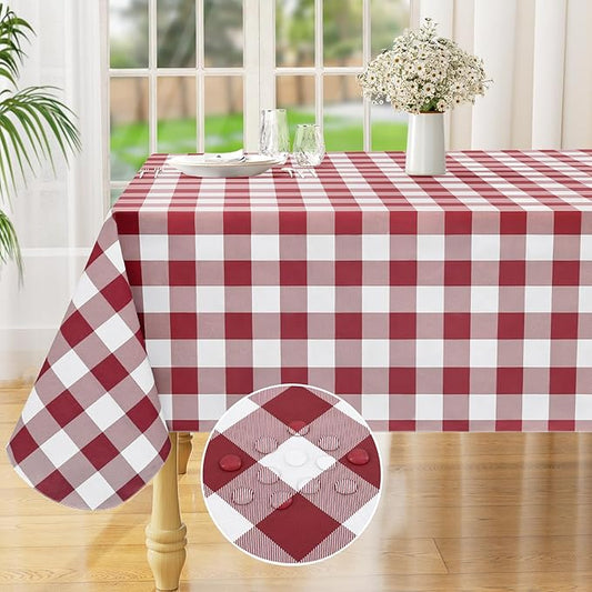 misaya Square Waterproof Vinyl Table Cloth, Buffalo Flannel Backed Tablecloth, Wipeable Plastic Table Cover for Dinner, Kitchen, Outdoor (54" x 54", Burgundy and White)