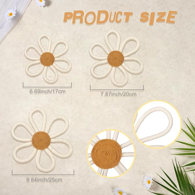 Barydat 6 Pcs Boho Nursery Decor Daisy Flower Woven Macrame Wall Hanging 3 Size Daisy Flower Wall Decor Bohemian Nursery Decorations for Home Dorm Art(White)