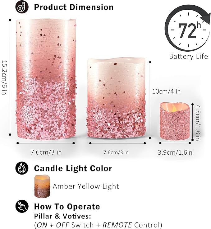 FURORA LIGHTING Pink Glitter LED Candles with Remote and Timer, 4 Pillars and 4 Votives Pack of 8, Real Wax Flameless Flickering Candles for Home Décor, Battery Included