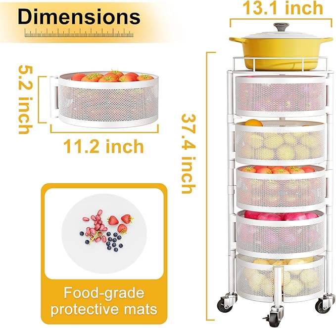 SNTD Fruit and Vegetable Basket Bowls for Kitchen with Metal Top Lid, 5 Tier Rotating Storage Rack Cart for Potato Onion Banana, Wire Basket Organizer on Wheels, Large (White)