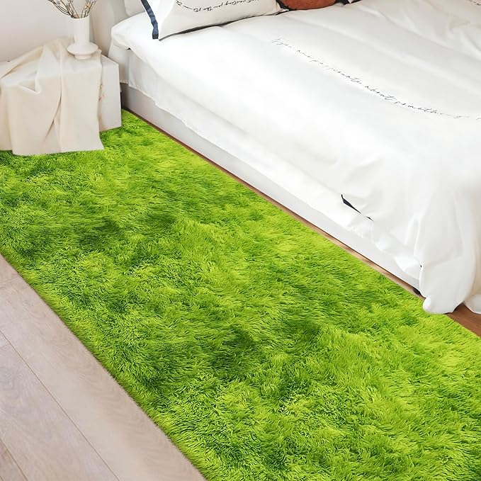 Tie-Dyed Runner Rug for Bedroom Green 3x10ft Fluffy Area Rug Bedside Runner Rug for Kids Room Boys Teens Nursery Baby Living Room Dorm Home Decor Carpets