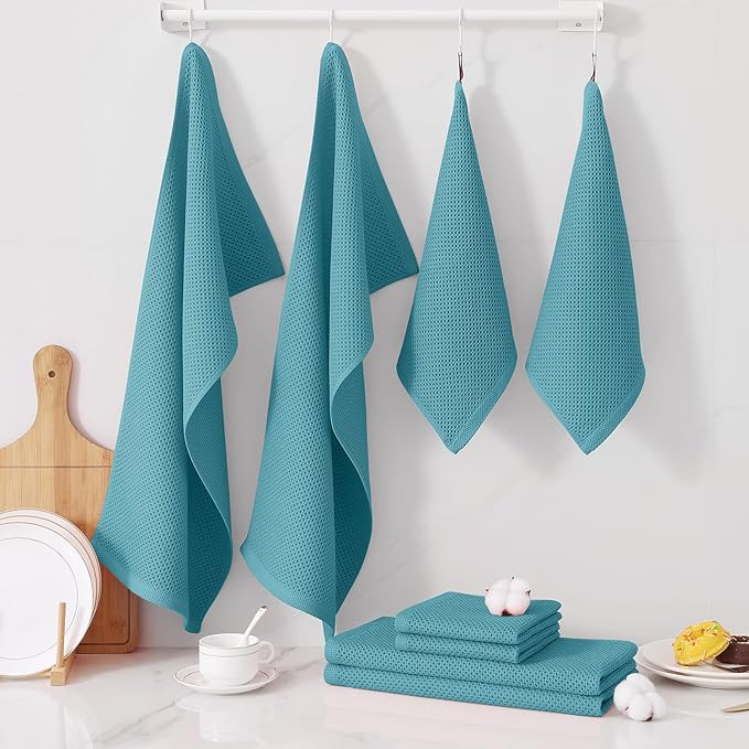 Homaxy 100% Cotton Kitchen Towels and Dishcloths Set, 12 x 12 Inches and 13 x 28 Inches, Set of 12 Bulk Kitchen Towels Set, Ultra Soft Absorbent Dish Cloths for Washing Dishes, Lake Blue