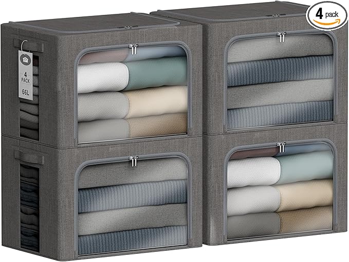 4 Pack Clothes Storage Bins with Metal Frame - 66L Stackable Storage Box with Lid，Foldable Storage Container Organizer for Clothes，Linen Fabric Storage Box with Clear Window＆Zippers＆Handles