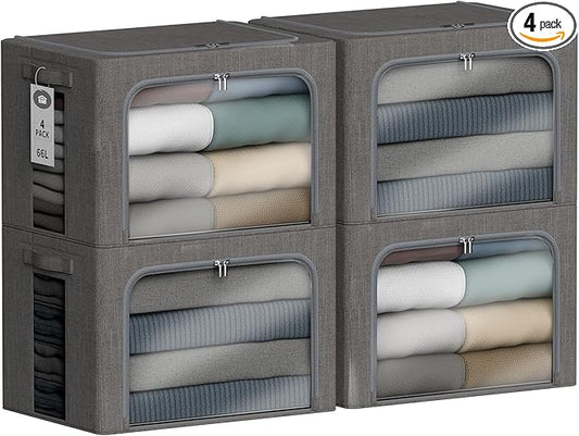 4 Pack Clothes Storage Bins with Metal Frame - 66L Stackable Storage Box with Lid，Foldable Storage Container Organizer for Clothes，Linen Fabric Storage Box with Clear Window＆Zippers＆Handles