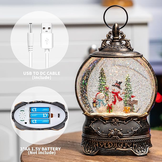 Christmas Snow Globes, Snowman Family Squirrel Cardinal Water Lantern, 8 Christmas Music, USB Powered & Battery, Holiday Decorations Gifts for Family Children or Friends