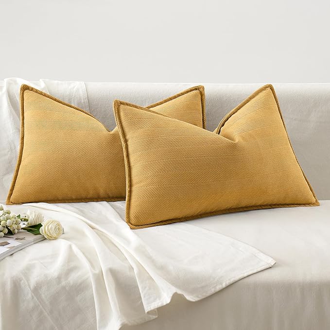 MIULEE Pack of 2 Gold Decorative Lumbar Pillow Covers 12x20 Inch Soft Chenille Luxurious Couch Throw Pillows Farmhouse Cushion Covers with Elegant Design for Sofa Bedroom Living Room Home Decor