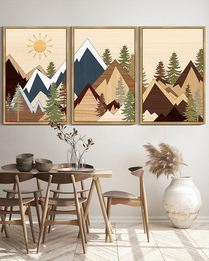 KUVIOKE Morden Mountains Pine Tree Forest Framed Wall Art Sunrise Boho Nature Landscape Artwork Bohemain Farmhouse Bedroom Living Room Decor 24x36in (Natural Framed)