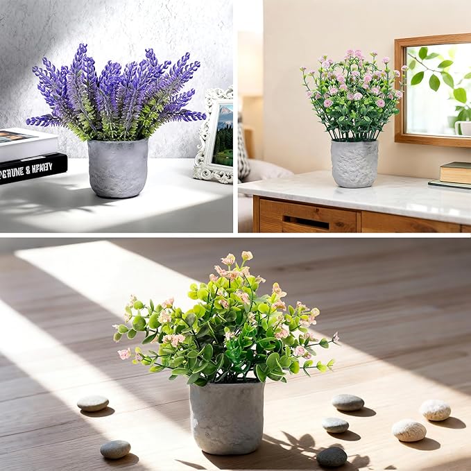 FGSAEOR Mini Potted Fake Plants, Small Artificial Greenery Realistic Plants Topiaries, Low Maintenance, for Home Office Shelf Desk Farmhouse Room Coffee Table Decor (3-Pack) (Purple Pink (Round Pot))