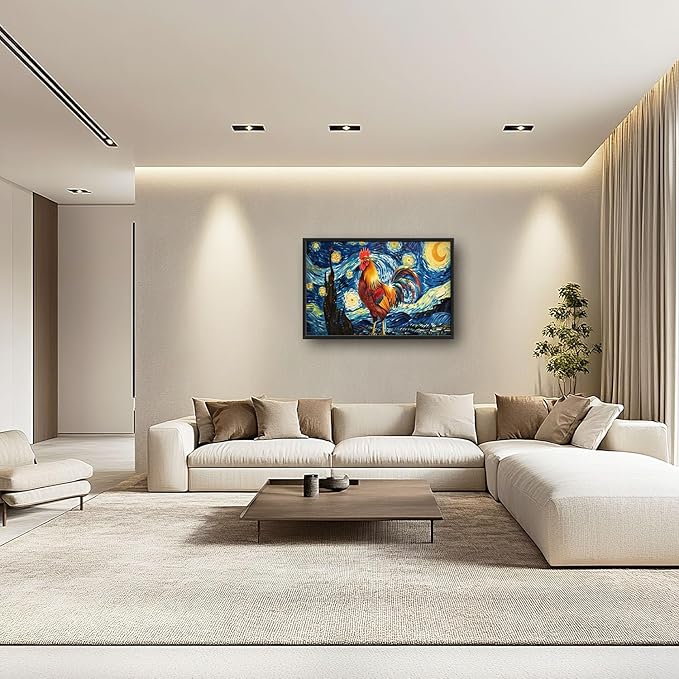 Flintis Large Rooster Wall Art Starry Sky Night Chicken Pictures Wall Decor Abstract Animal Canvas Painting Print Artwork Decoration Framed for Living Room Bathroom Master Bedroom Office 36L x 24W