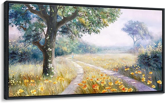 CHATYOUNG Framed Wall Art Vintage, Country Road Yellow Flowers Misty Landscape Painting Poster Prints Wildflowers Wall Pictures for Living Room Bedroom Bathroom Farmhouse Wall Decor 20"X40"