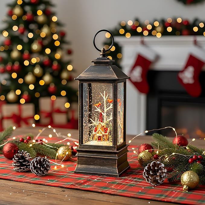 Christmas Snow Globe Lantern Water Glittering Cardinal & Church with Music & Timer, USB Lined/Battery Operated Lighted Lantern for Christmas Festival Decoration Gifts
