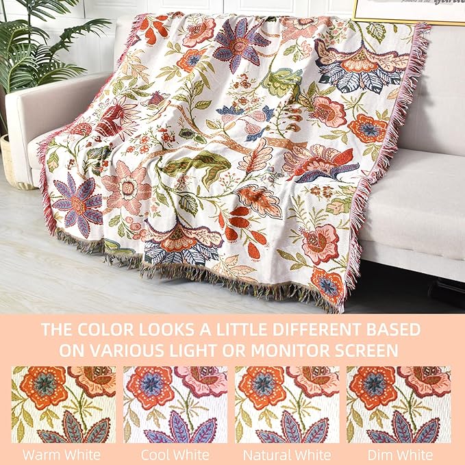 Boho Throw Blanket Reversible Cotton Bohemian Tapestry Hippie Room Decor Double Sided (Boho Flower Dark 50"x60")