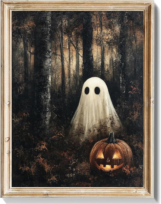 RETRART Vintage Halloween Ghost Wall Decor Pumpkin Head Wall Art Print 11x14 inch Horror Decor, for Bedroom, Kitchen Spooky Wall Decor, Moody Fall Forest Gallery Style Canvas Picture -Unframed