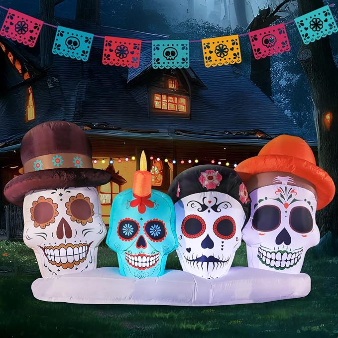 DomKom Halloween Inflatable Blow Up Decorations, Dia de Los Muertos 8FT Day of Dead Catrina Skulls, Built-in LEDs for Holiday Party, Garden, Lawn, Yard, Patio Décor