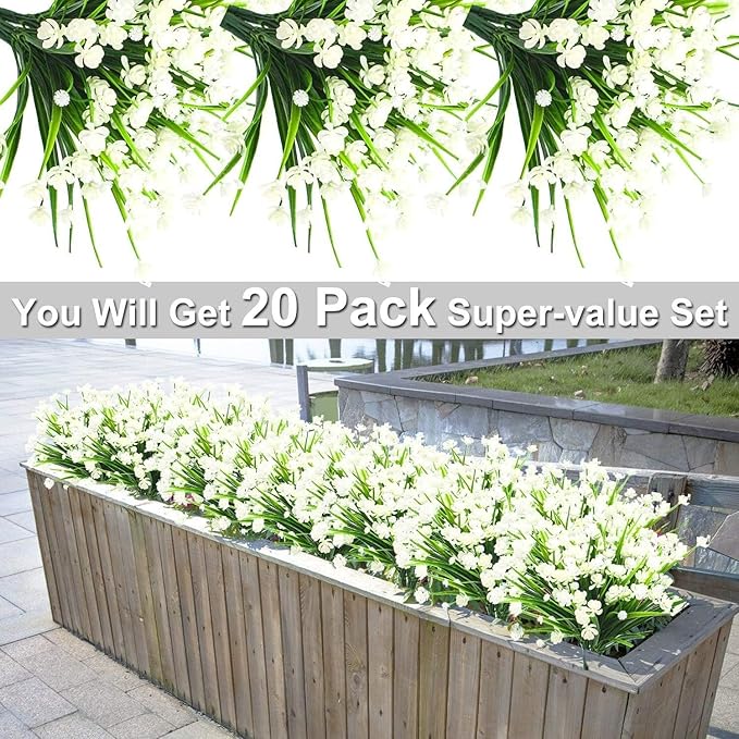 TURNMEON 20 Bundles Artificial Flowers for Outdoors Fake Plants Summer Decor, UV Resistant Artificial Plants Cemetery Fake Flowers Faux Plastic Greenery Shrub for Home Porch Decor 580 Heads(White)