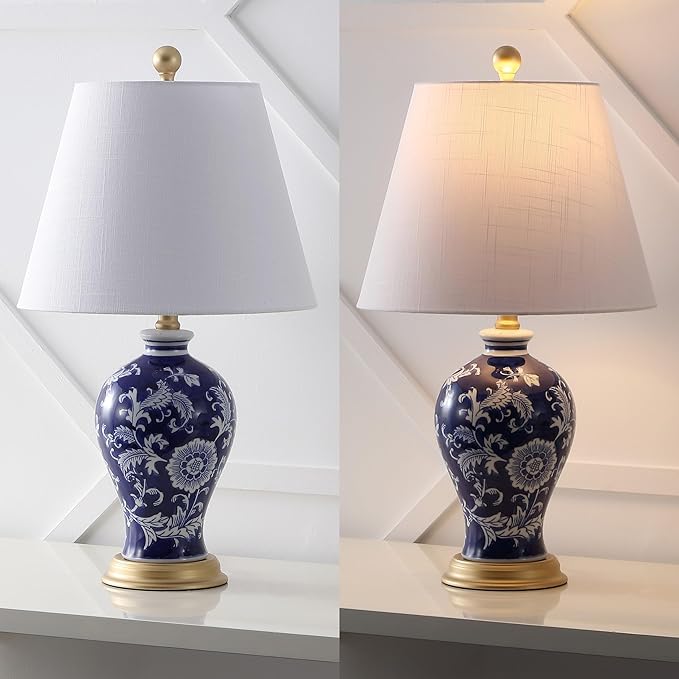 JONATHAN Y JYL3009E Grace 24" French Country Cottage Ceramic/Iron Floral Urn LED Table Lamp, Navy/White for Bedroom, Living Room, Office, College