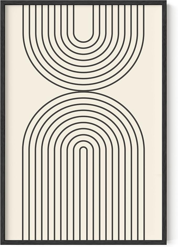HAUS AND HUES Neutral Wall Art Prints for Wall Decor - Boho Art Wall Prints Mid Century Modern Decor Line Art and Geometric Wall Decor Black Semi Circles Reflected (24x36 Framed Black)