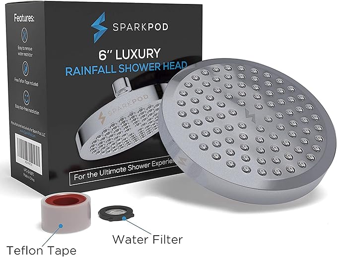 SparkPod Shower Head - High Pressure Rain - Premium Quality Luxury Design - 1-Min Install - Easy Clean Adjustable Replacement for Your Bathroom Shower Heads (Charcoal Grey, 6 Inch Round)