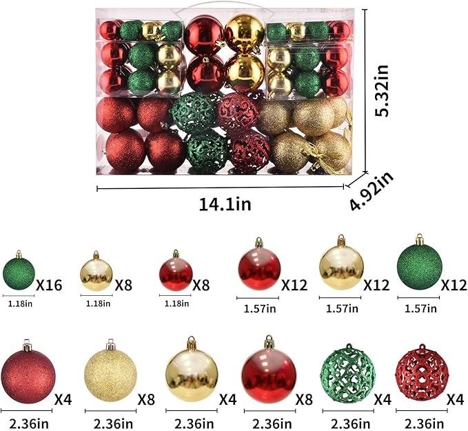 Christmas Balls Tree Ornaments, Shatterproof Christmas Decorations Set with Reusable Hand-held Gift Package for Holiday Xmas Tree Decor (100, Gold, Red, Green)