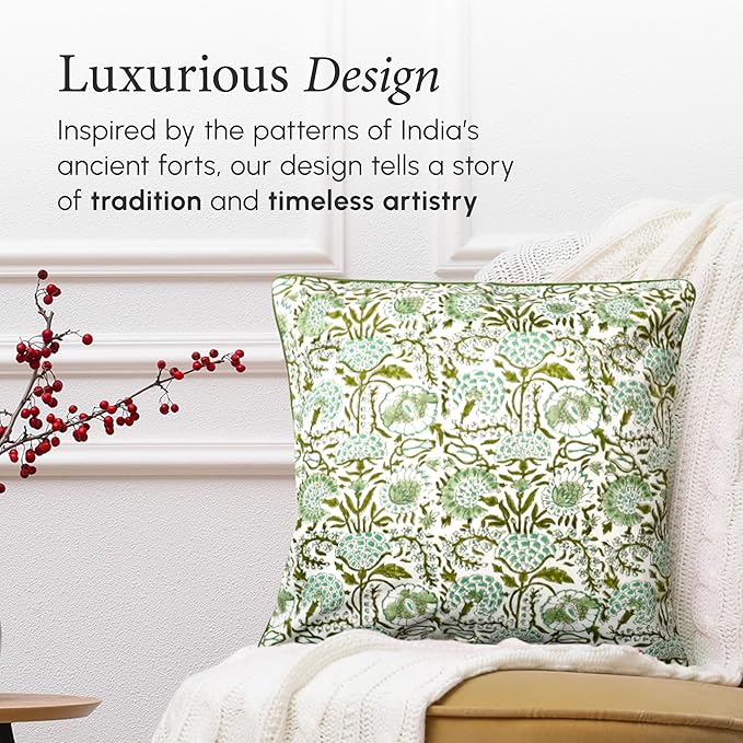 CPC 100% Cotton Throw Pillow Covers 24x24 Inch, Set of 2 Green Block Print Pattern Couch Pillow, Cute Boho Decorative Pillows for Living Room, Bedroom with Hidden Zipper- Agate Green