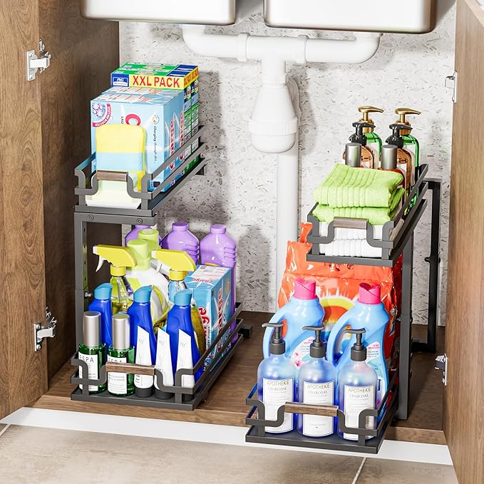 Under Sink Organizers, 2 Tier Slide Out Under Sink Organizers, Under Sink Storage for Bathroom Kitchen (1 Pack)