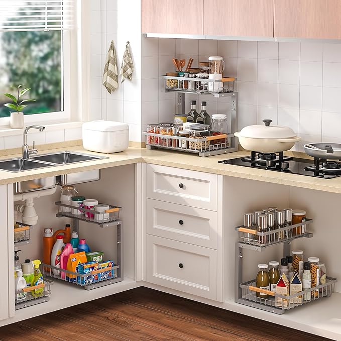 Under Sink Organizer Storage 2 Pack, 2 Tier Slide Out Height Adjustable Pull Out Cabinet Organizer Drawer for Kitchen Bathroom Large Under Sink Shelf Rack Caddy for Pantry, Grey