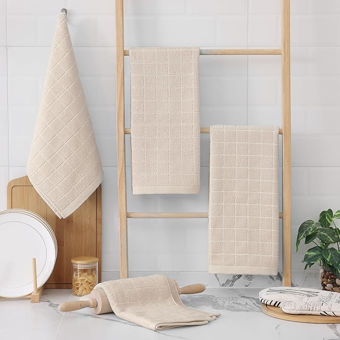 Homaxy 100% Cotton Terry Kitchen Towels(Beige, 13 x 28 inches), Checkered Designed, Soft and Super Absorbent Dish Towels, 4 Pack